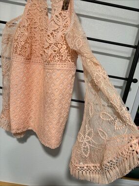 VENUS Peach Lace Crochet Bell Sleeve Top